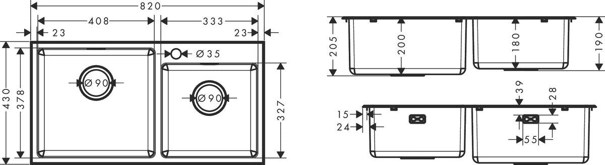 Hansgrohe S43 S431-F770 Built-in Stainless Steel Kitchen Sink 410/335 43355807 dimensions