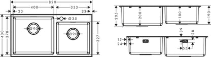 Hansgrohe S43 S431-F770 Built-in Stainless Steel Kitchen Sink 410/335 43355807 dimensions