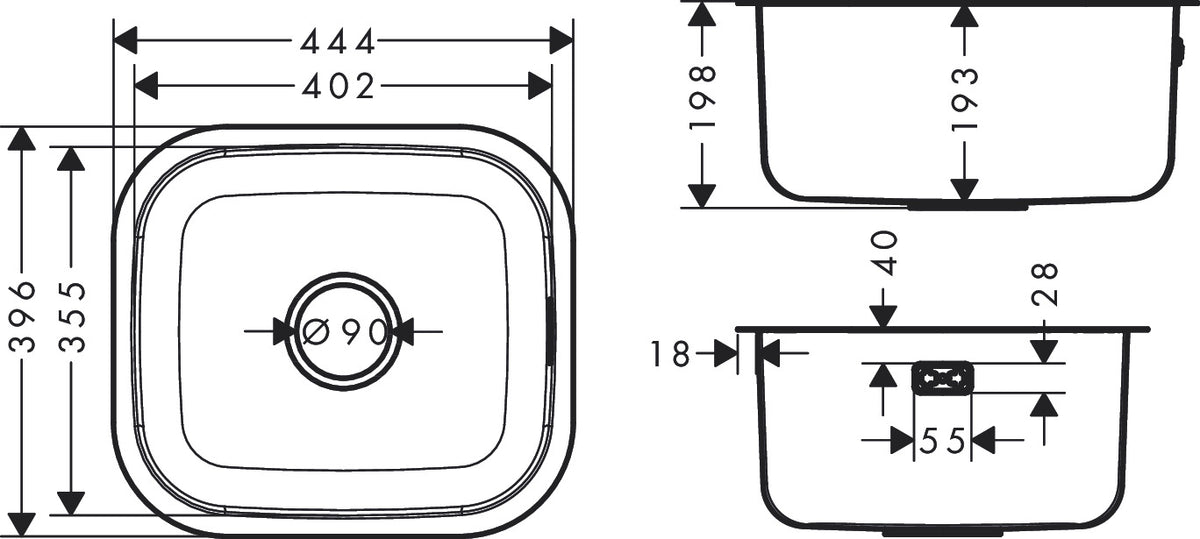 Hansgrohe S43 S439-U400 Undermount Stainless Steel Kitchen Sink 400 43453807 dimensions