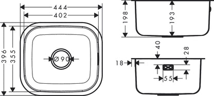 Hansgrohe S43 S439-U400 Undermount Stainless Steel Kitchen Sink 400 43453807 dimensions