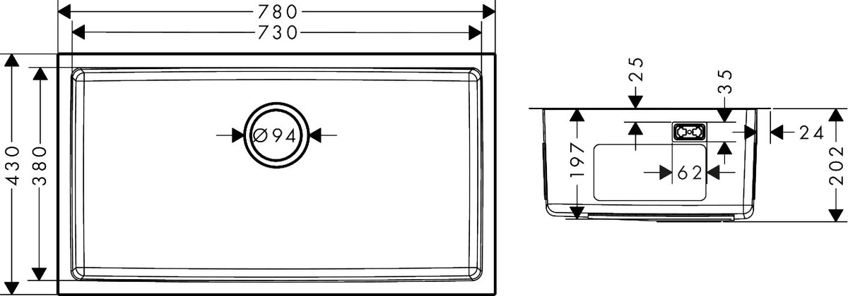 Hansgrohe S43 S439-U730 Undermount Stainless Steel Kitchen Sink 730 43454807 dimensions