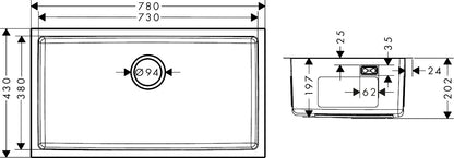 Hansgrohe S43 S439-U730 Undermount Stainless Steel Kitchen Sink 730 43454807 dimensions