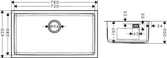 Hansgrohe S43 S439-U730 Undermount Stainless Steel Kitchen Sink 730 43454807 dimensions