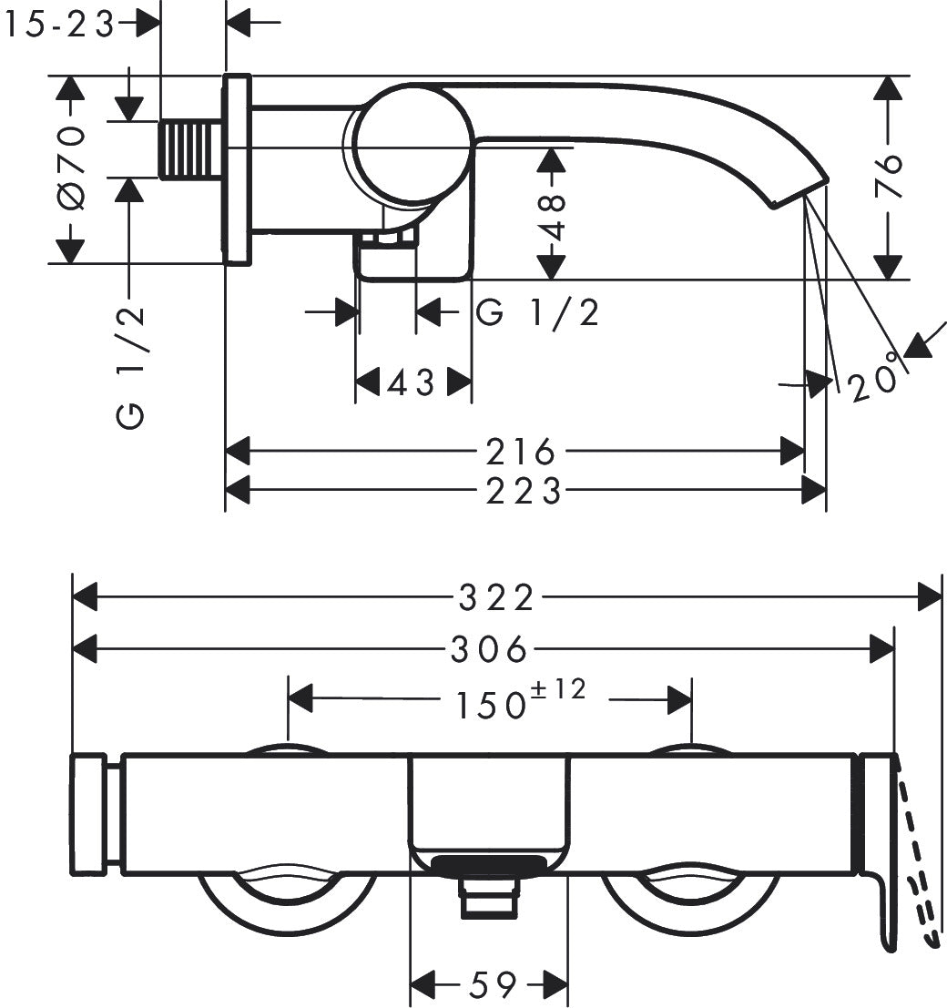 Hansgrohe Vivenis Single Lever Bath Mixer for Exposed Installation dimensions