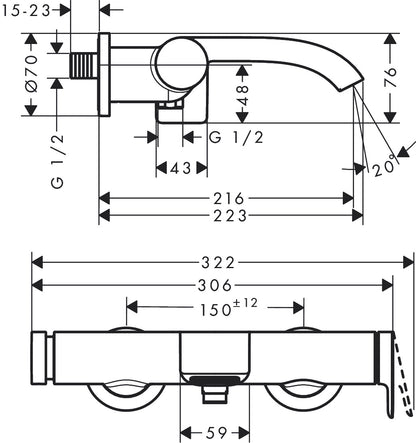 Hansgrohe Vivenis Single Lever Bath Mixer for Exposed Installation dimensions