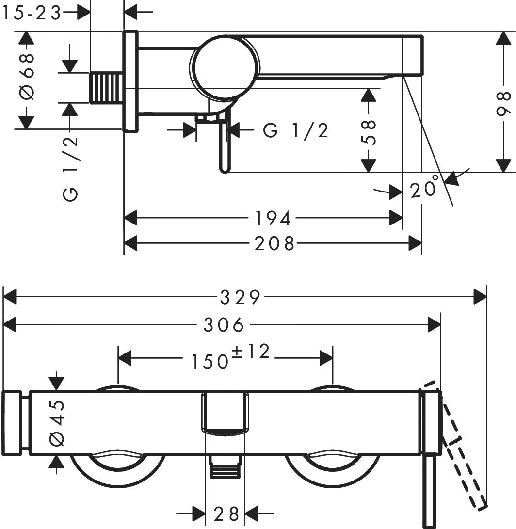 Hansgrohe Finoris Single Lever Bath Mixer for Exposed Installation dimensions