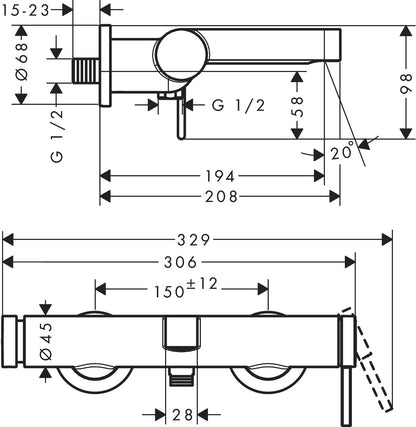 Hansgrohe Finoris Single Lever Bath Mixer for Exposed Installation dimensions