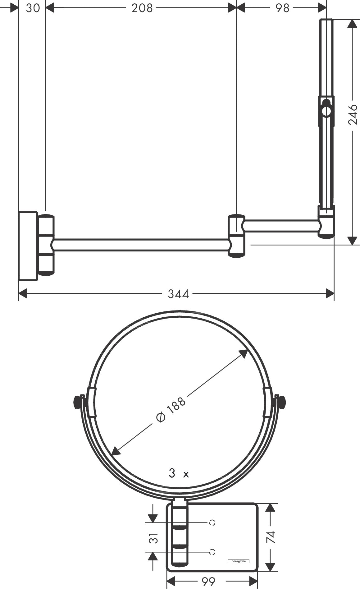 Hansgrohe Addstoris Shaving Mirror 41791990 dimensions