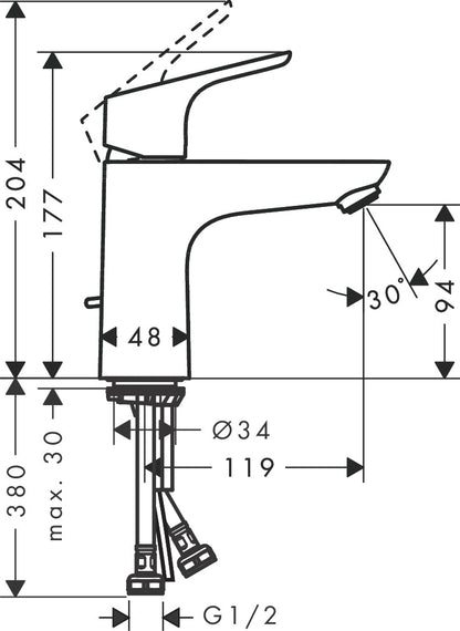 Hansgrohe Focus Single Lever Basin Mixer 100 without Waste Set 31541009 dimensions