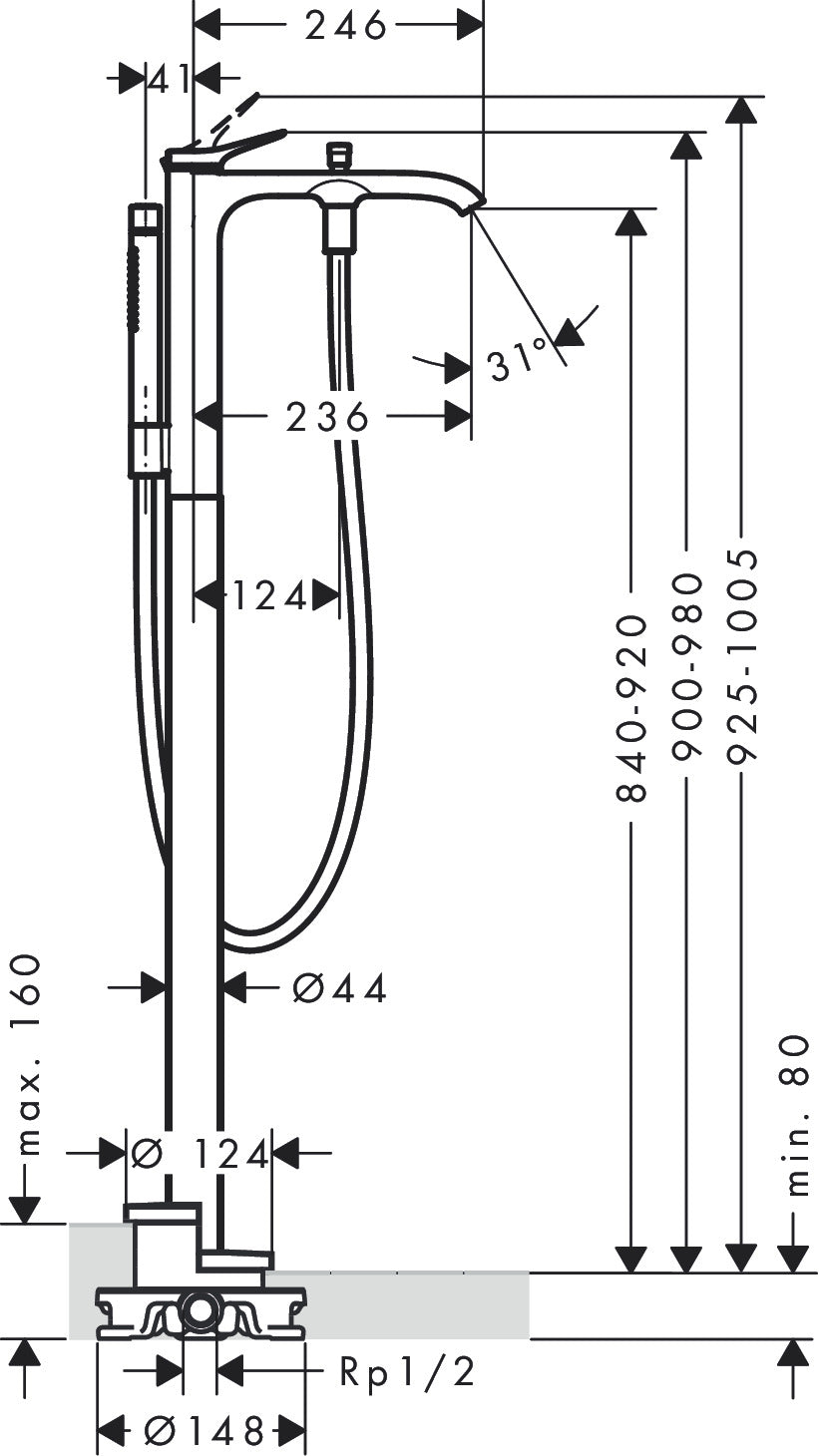 Hansgrohe Vivenis Single Lever Floor-Standing Bath Mixer dimensions
