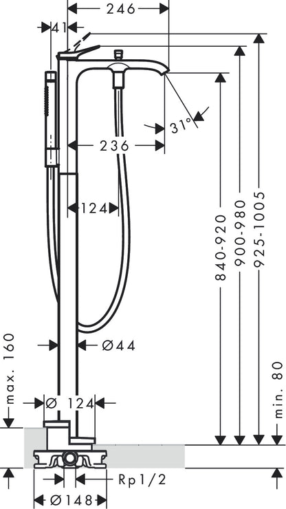 Hansgrohe Vivenis Single Lever Floor-Standing Bath Mixer dimensions