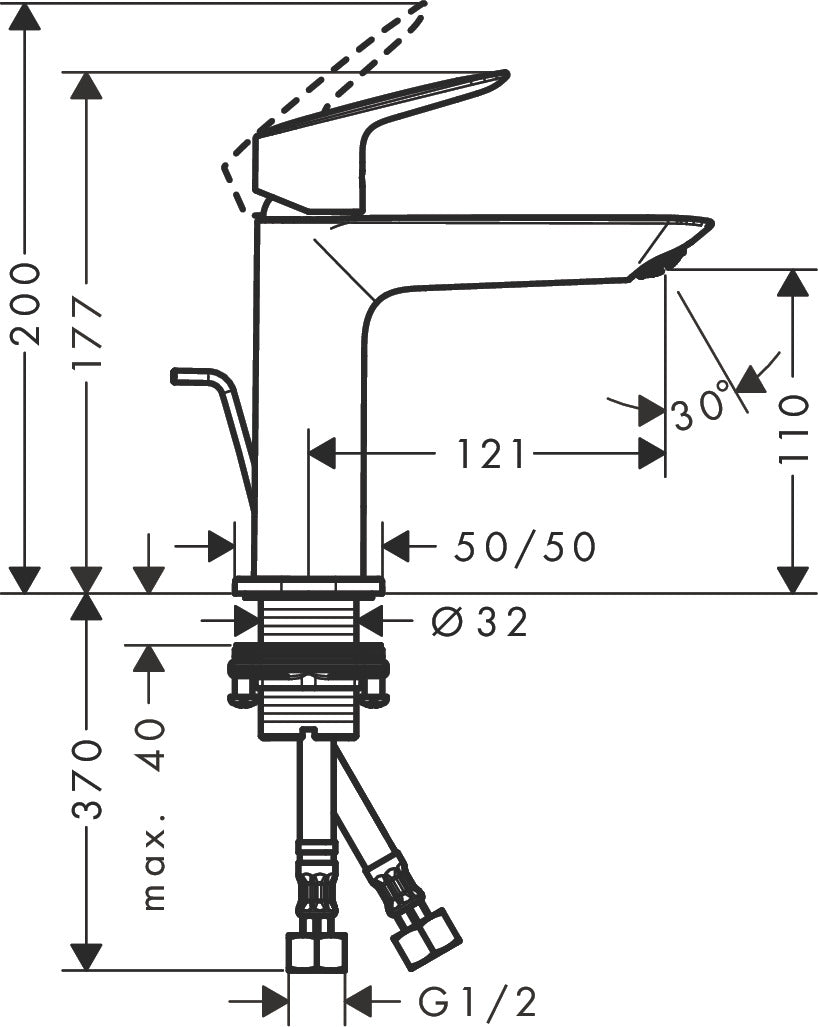 Hansgrohe Logis Fine Single Lever Basin Mixer 110 with Pop-up Waste Set 71251009 dimensions