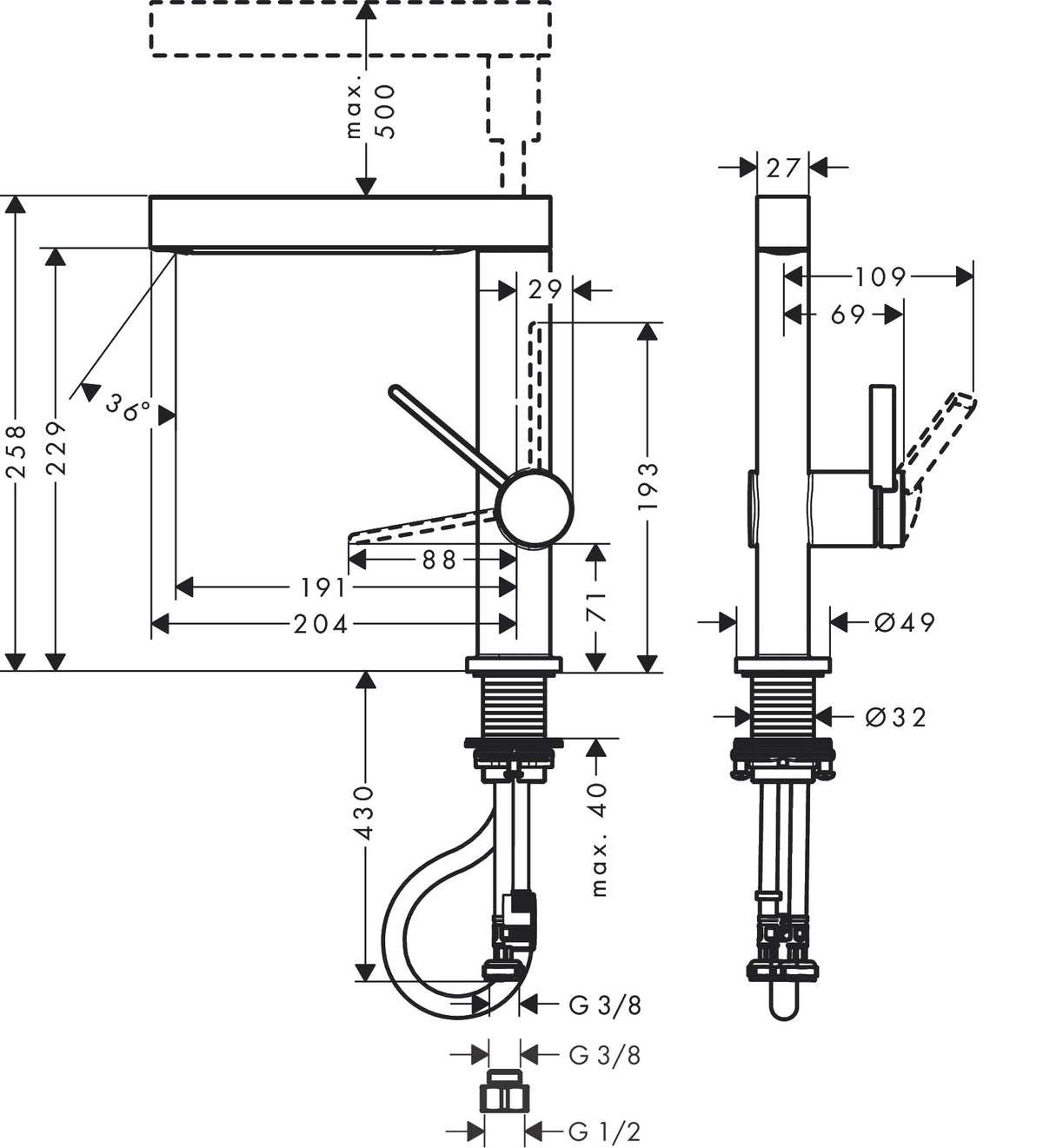 Hansgrohe Finoris Single Lever Basin Mixer 230 with Pull-out Spray 2jet and Push-Open Waste Set dimensions