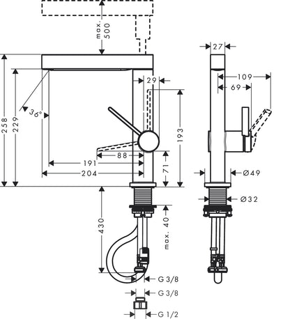 Hansgrohe Finoris Single Lever Basin Mixer 230 with Pull-out Spray 2jet and Push-Open Waste Set dimensions