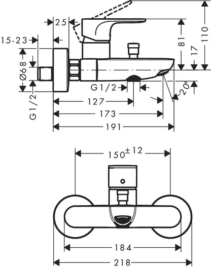 Hansgrohe Rebris S Single Lever Bath Mixer for Exposed Installation 72440009 dimensions