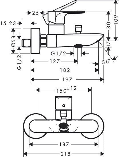 Hansgrohe Rebris E Single Lever Bath Mixer for Exposed Installation 72450009 dimensions