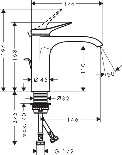 Hansgrohe Vivenis Single Lever Basin Mixer 110 with Pop-up Waste Set dimensions