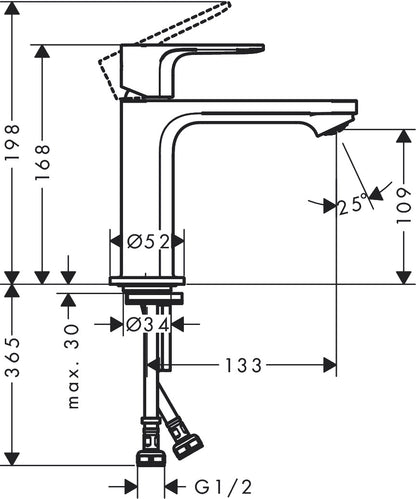 Hansgrohe Rebris S Single Lever Basin Mixer 110 with Push-Open Waste Set dimensions