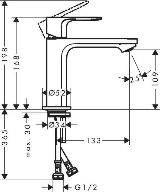 Hansgrohe Rebris E Single Lever Basin Mixer 110 with Push-Open Waste Set 72561009 dimensions