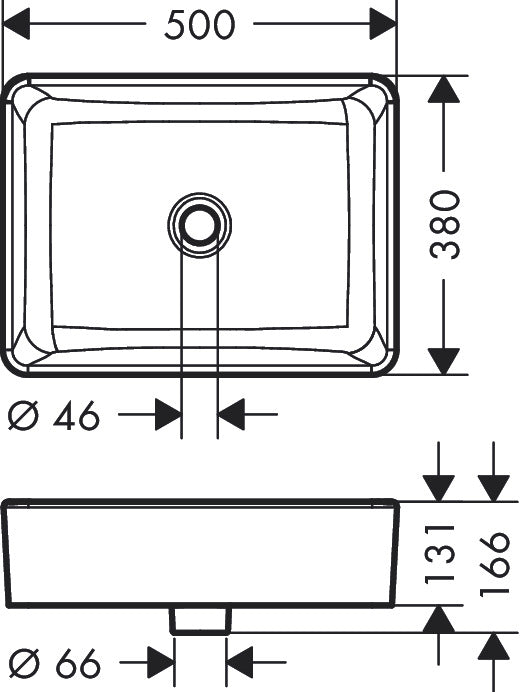 Hansgrohe LakeShore Q Wash Bowl 500/380 22438007 dimensions