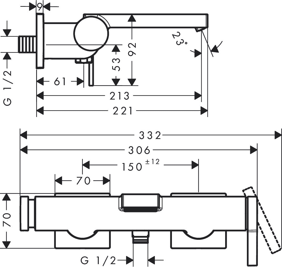 Hansgrohe Tecturis E Single Lever Bath Mixer for Exposed Installation 73420149 dimensions