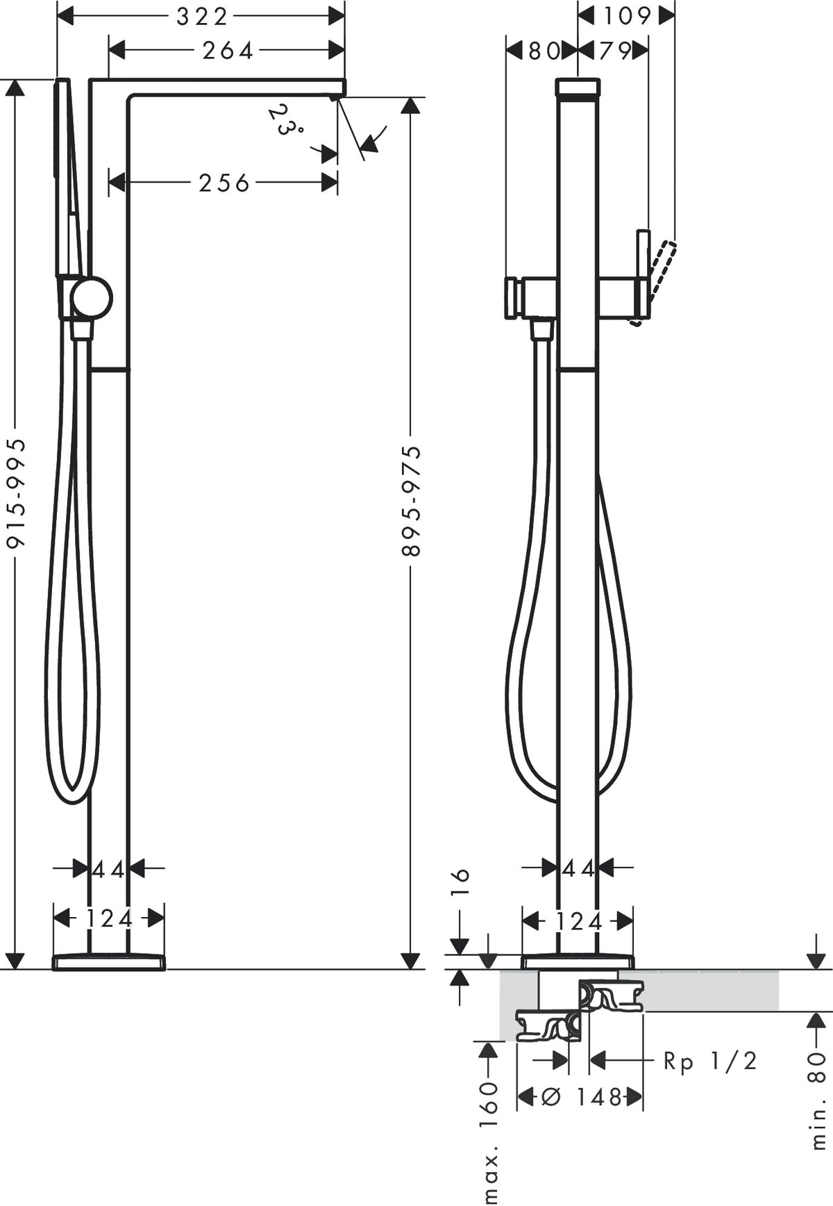 Hansgrohe Tecturis E Single Lever Floor-Standing Bath Mixer dimensions