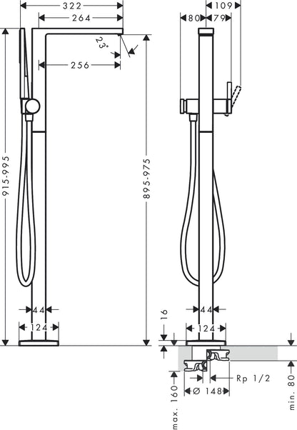 Hansgrohe Tecturis E Single Lever Floor-Standing Bath Mixer dimensions