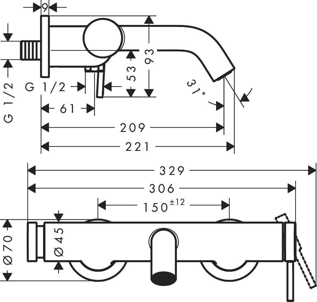 Hansgrohe Tecturis S Single Lever Bath Mixer for Exposed Installation dimensions