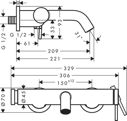 Hansgrohe Tecturis S Single Lever Bath Mixer for Exposed Installation dimensions
