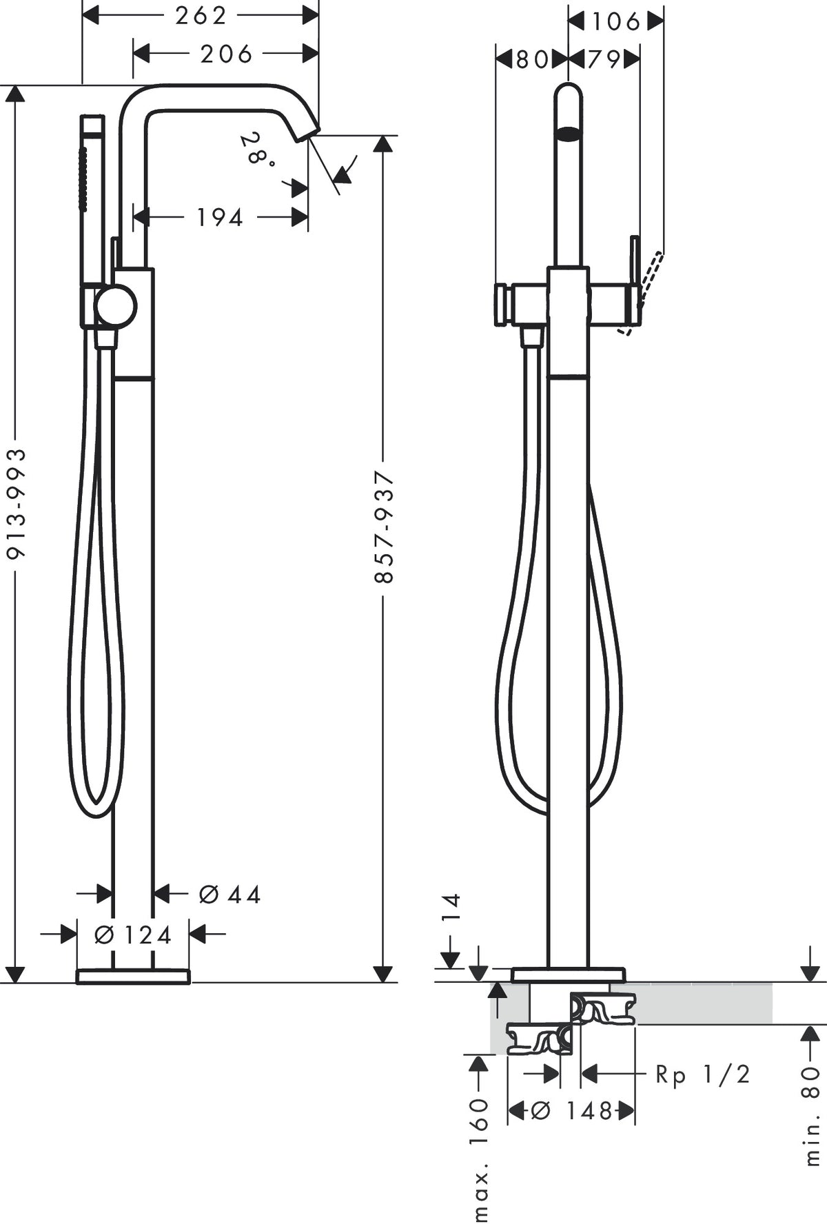 Hansgrohe Tecturis S Single Lever Floor-Standing Bath Mixer 73440009 dimensions