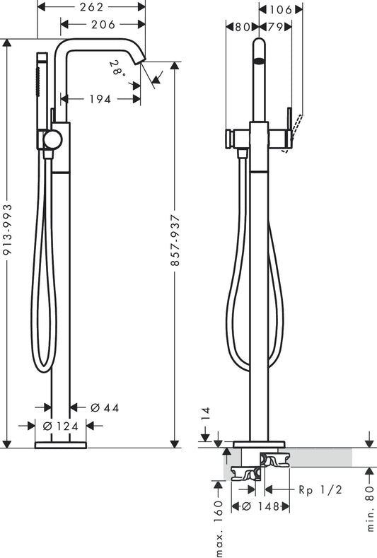 Hansgrohe Tecturis S Single Lever Floor-Standing Bath Mixer 73440009 dimensions