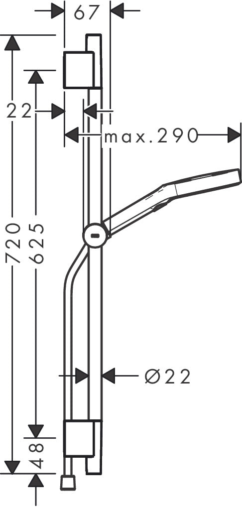 Hansgrohe Rainfinity Shower Set 130 3jet with Shower Bar S Puro 65 cm and Designflex Hose dimensions