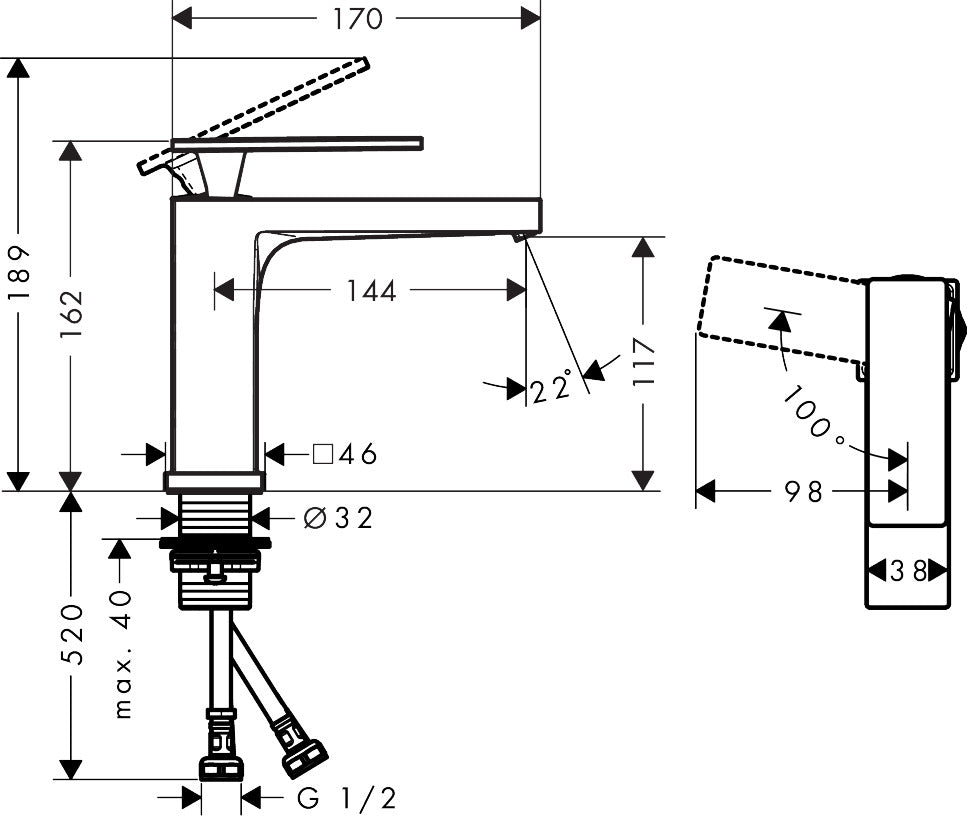 Hansgrohe Tecturis E Single Lever Basin Mixer 110 CoolStart with Push-Open Waste Set dimensions