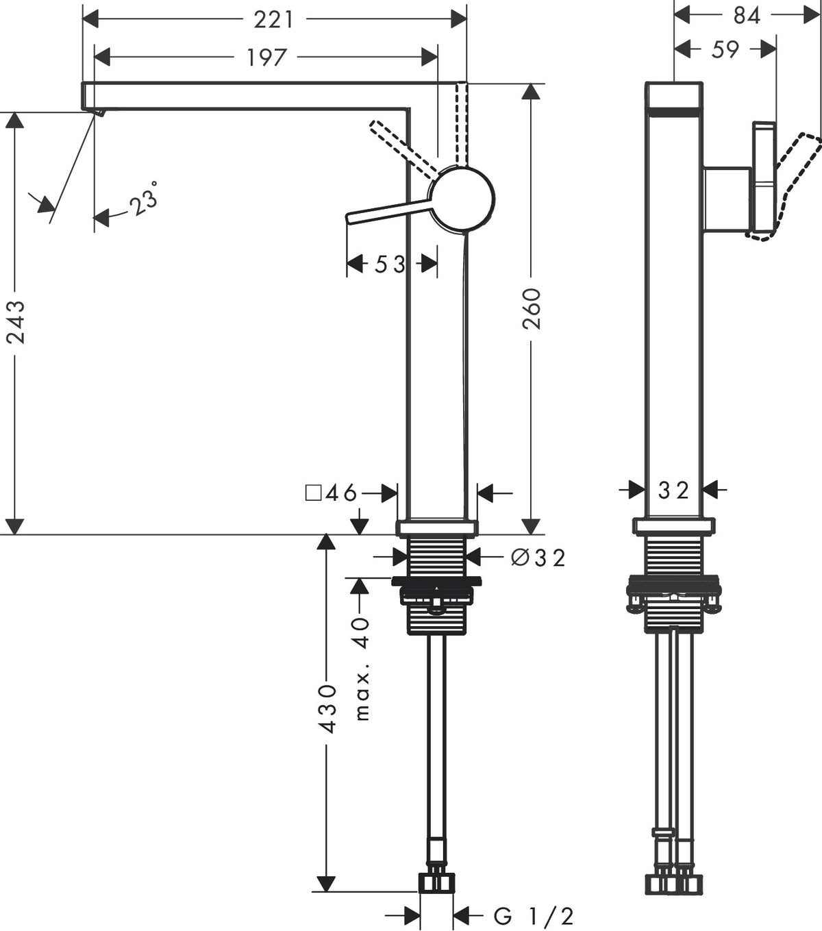 Hansgrohe Tecturis E Single Lever Basin Mixer 240 Fine CoolStart with Push-Open Waste Set dimensions