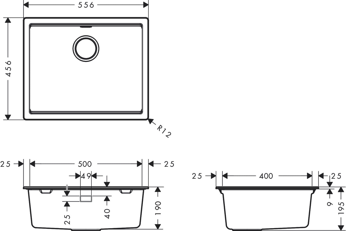 Hansgrohe S53 S530-F500 Granite Kitchen Sink 500 with Drain Rack 43458170 dimensions