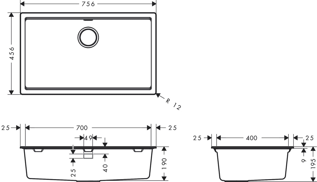 Hansgrohe S53 S530-F700 Granite Kitchen Sink 700 with Drain Rack dimensions