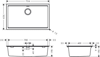 Hansgrohe S53 S530-F700 Granite Kitchen Sink 700 with Drain Rack dimensions