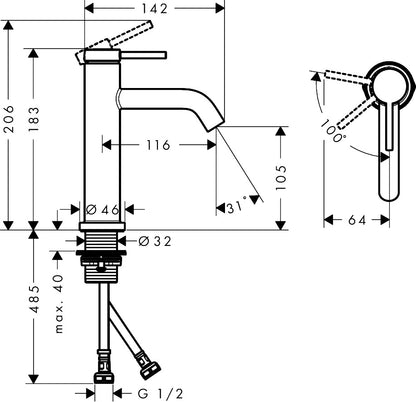 Hansgrohe Tecturis S Single Lever Basin Mixer 110 CoolStart with Push-Open Waste Set dimensions