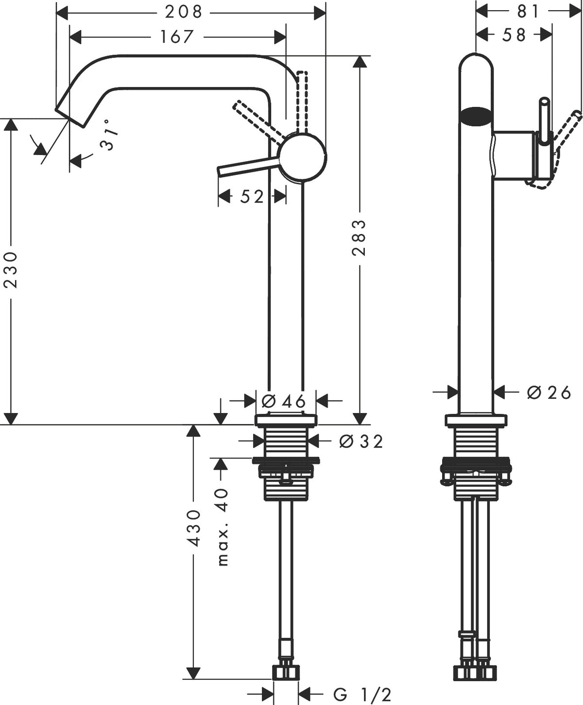 Hansgrohe Tecturis S Single Lever Basin Mixer 240 Fine CoolStart with Push-Open Waste Set dimensions