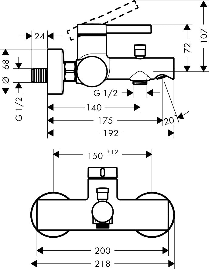 Hansgrohe Zesis S Single Lever Bath Mixer for Exposed Installation 74420009 dimensions