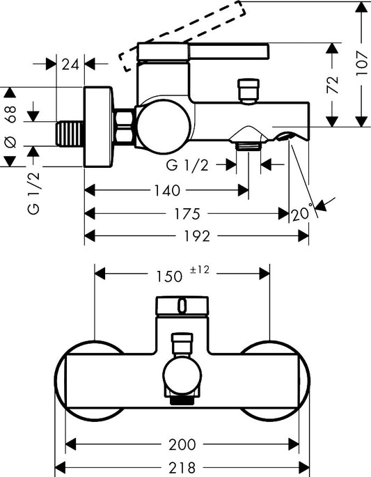 Hansgrohe Zesis S Single Lever Bath Mixer for Exposed Installation 74420009 dimensions