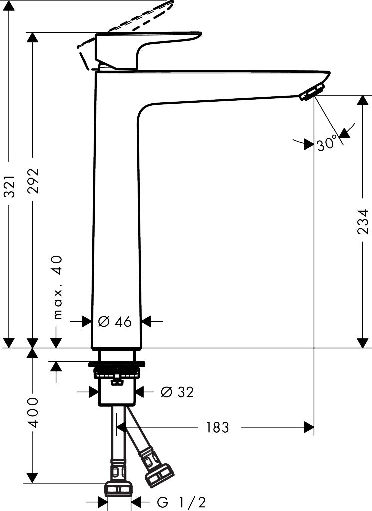 Hansgrohe Talis E Single Lever Basin Mixer 240 without Waste Set 71772009 dimensions