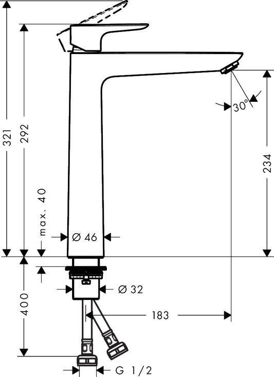 Hansgrohe Talis E Single Lever Basin Mixer 240 without Waste Set 71772009 dimensions