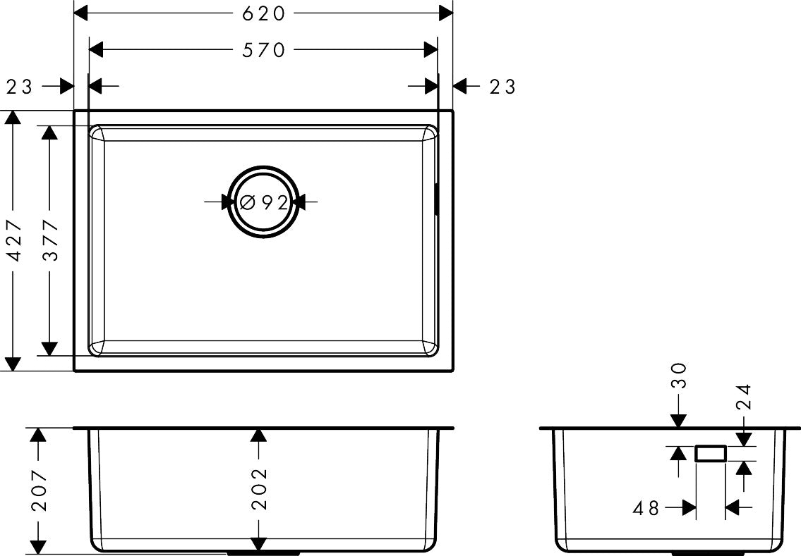 Hansgrohe S43 S439-U570 Undermount Stainless Steel Kitchen Sink 570 43460807 dimensions