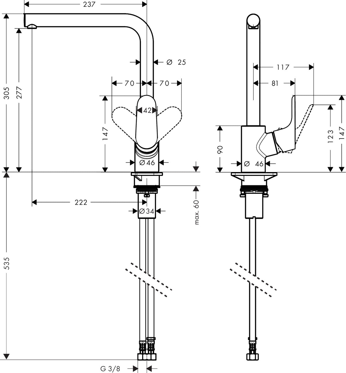 Hansgrohe Focus M41 Single Lever Kitchen Mixer 280 1jet dimensions