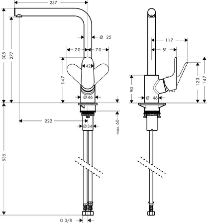 Hansgrohe Focus M41 Single Lever Kitchen Mixer 280 1jet dimensions