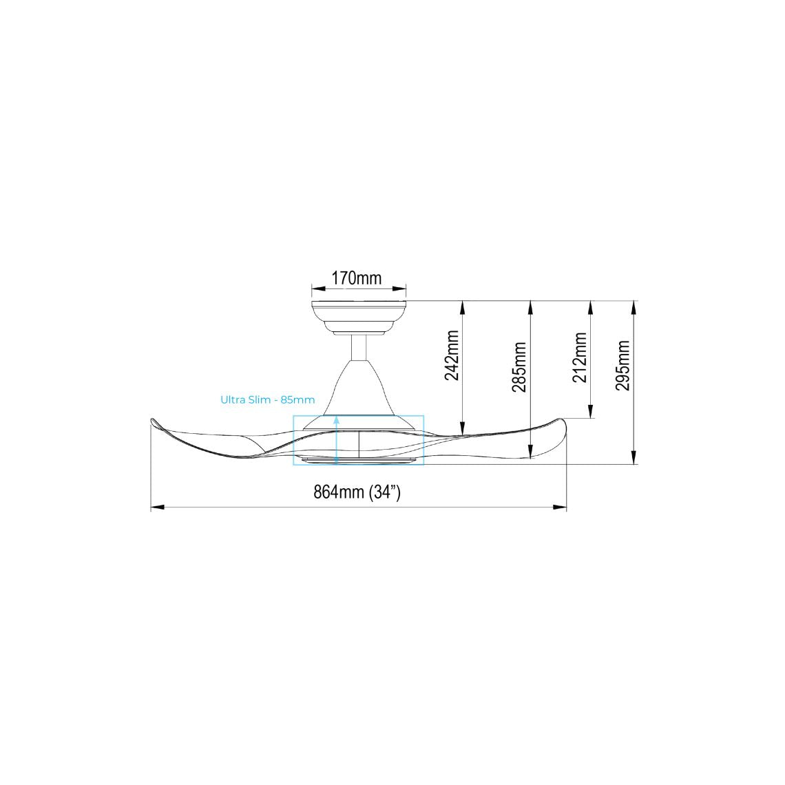 EFENZ Thurman 343 34 inch ceiling fan, downrod version dimensions