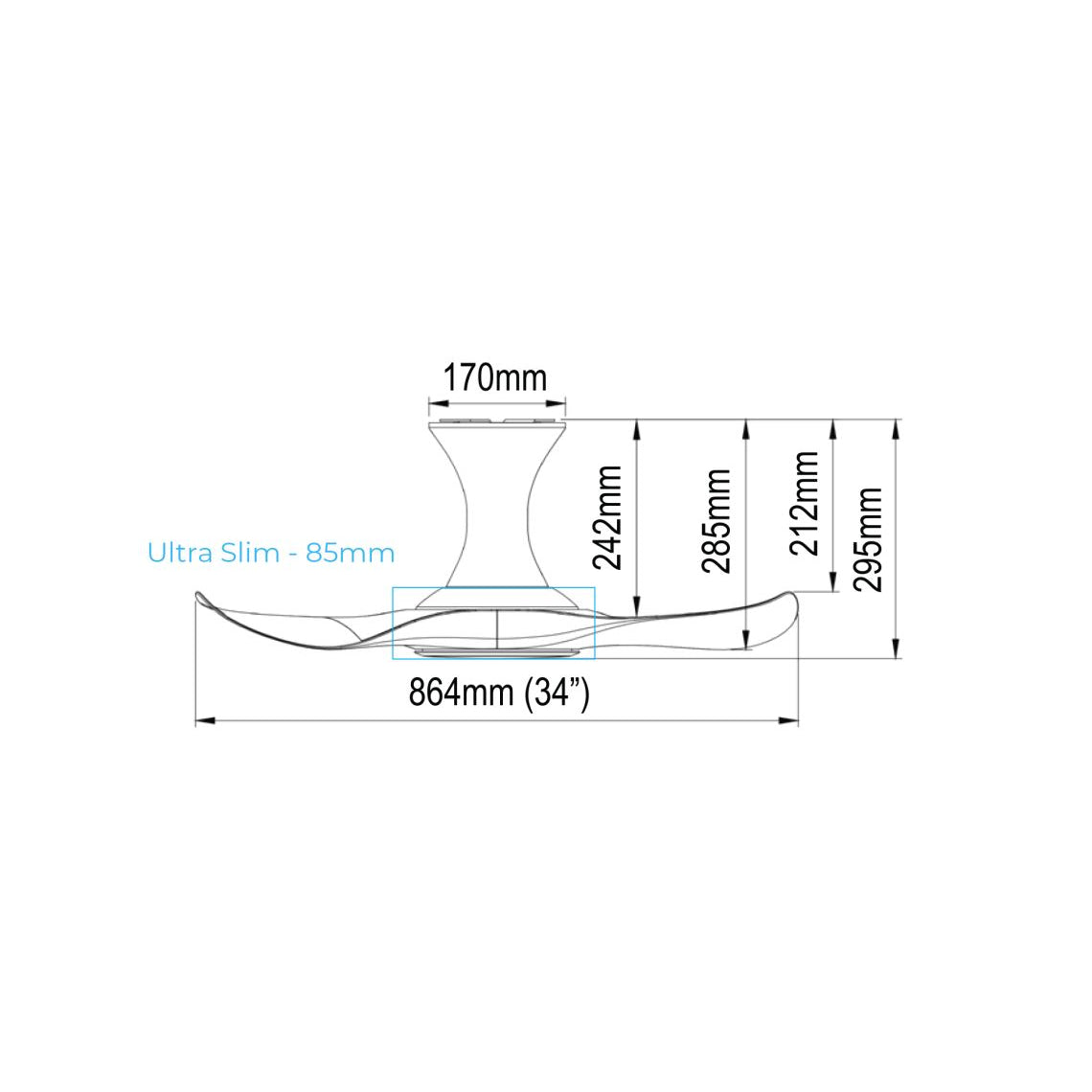 EFENZ Thurman 343 34 inch ceiling fan, hugger version dimensions