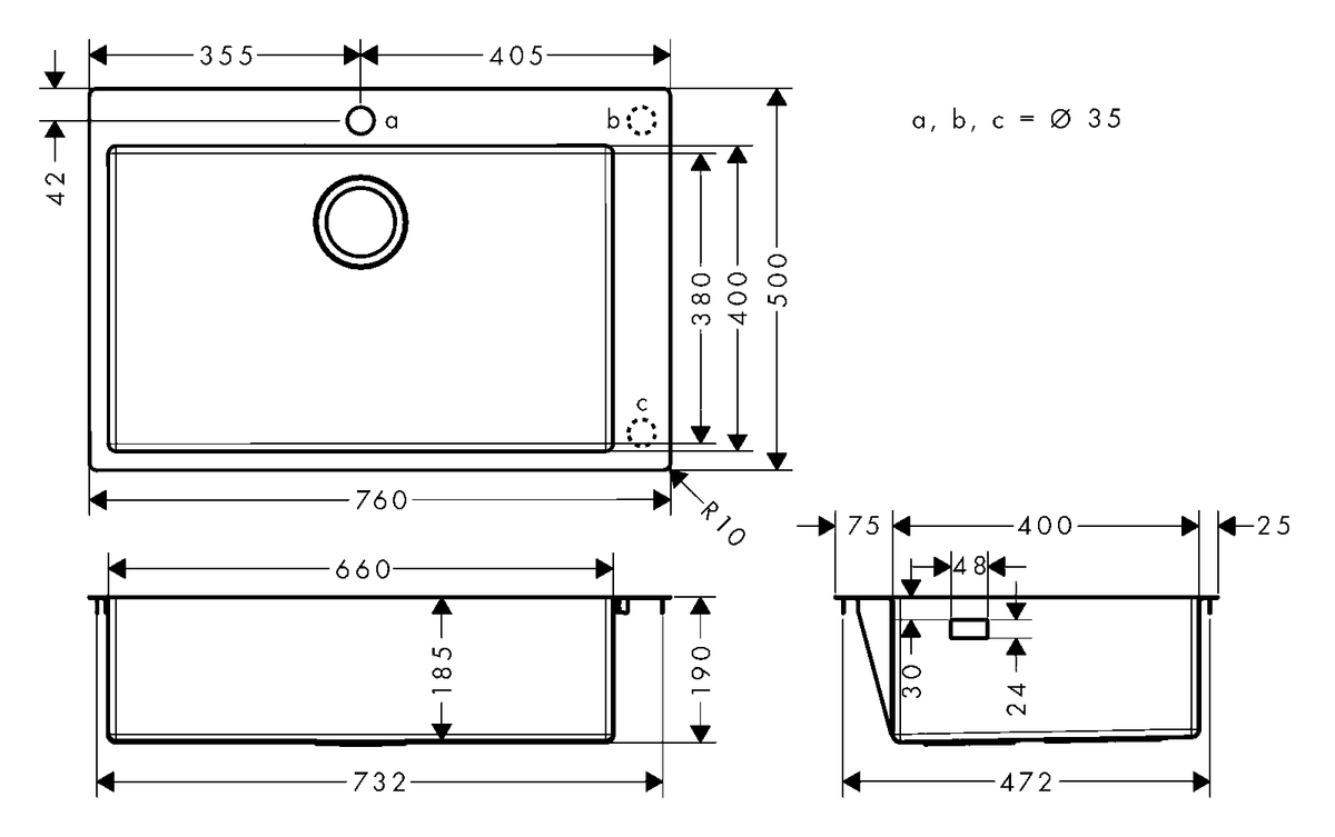 Hansgrohe S71 S711-F660 Built-in Stainless Steel Kitchen Sink 660 43302809 dimensions