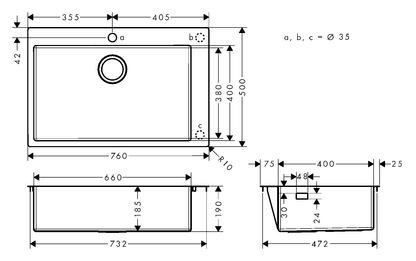 Hansgrohe S71 S711-F660 Built-in Stainless Steel Kitchen Sink 660 43302809 dimensions
